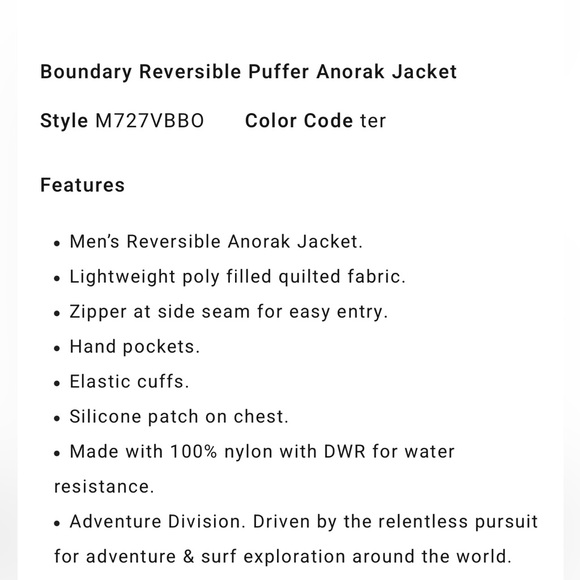 Billabong A/Div Boundary Reversible Puffer Anorak Jacket - Picture 9 of 9